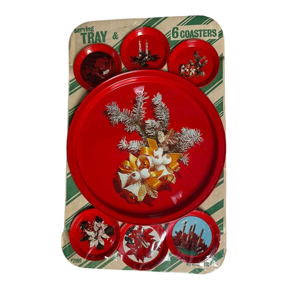 Vintage Atlantic Metal Red Christmas Round Serving Tray and 6 Coasters SEALED